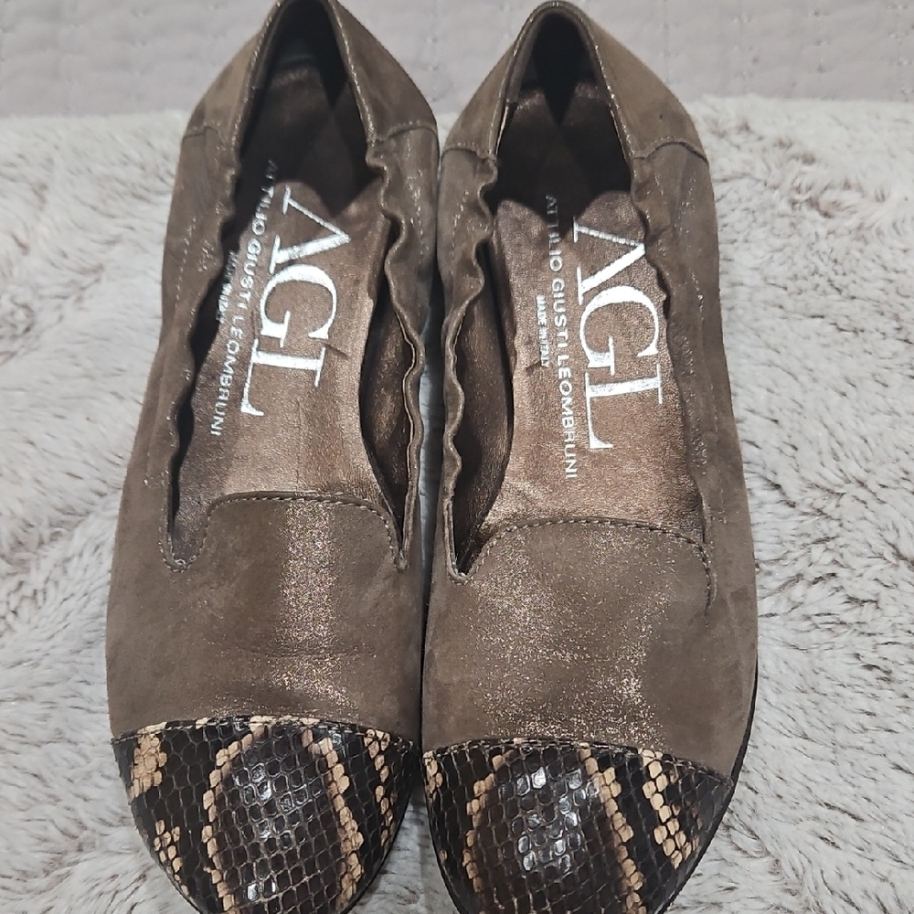 AGL Brown Flats with Snakeskin Accents